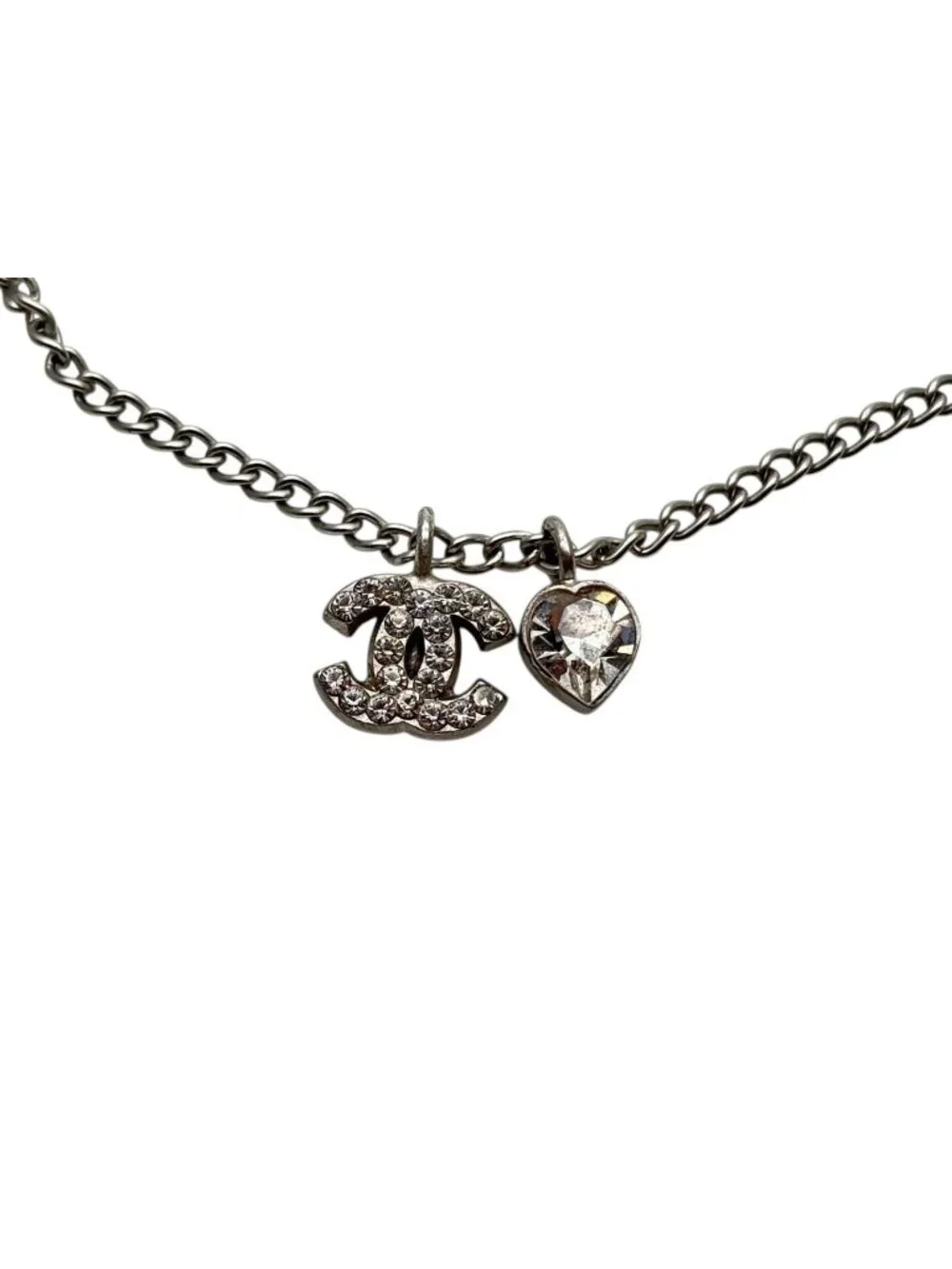 Chanel CC Logo Heart Necklace 04 42 Rhinestone Metal Clear Silver
